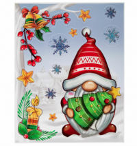 Миниатюра: Наклейка на стекло двусторонняя МНОГОРАЗОВАЯ 30*38см Рождественский Гном, ЗОЛОТАЯ СКАЗКА