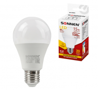 Миниатюра: Лампа светодиодная SONNEN, 15(130)Вт, цоколь Е27, груша,тепл.бел,30000ч,LED A65-15W-2700-E27