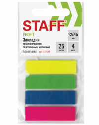 Миниатюра: Закладки клейкие неоновые STAFF,45*12 мм,100шт(4 цв.*25л.)