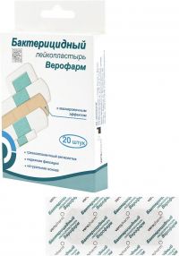 Миниатюра: Лейкопластыр. бактерицидный 20шт ВЕРОФАРМ,4 размера,телесные