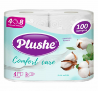 Миниатюра: Бумага туалетная PLUSHE Comfort Сare Pure White белая,3 слоя,4 рулона по 25 метров